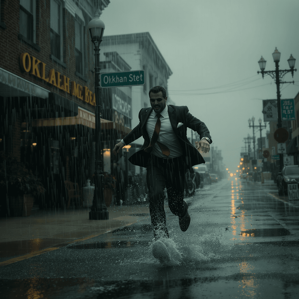 AI generated: a dark lovely guy in suit runing under raining water on oklahama street