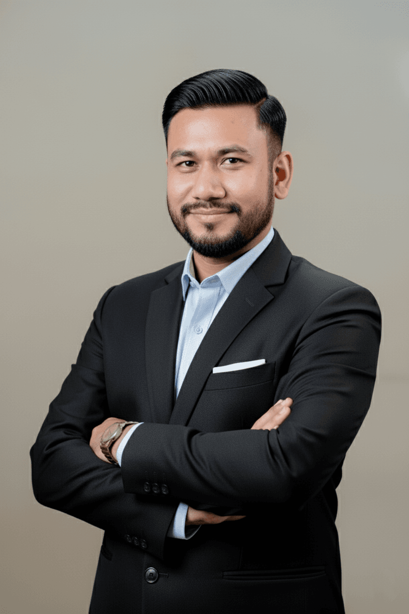 AI generated: A professional studio headshot of a confident man with a neat beard and styled hair, wearing a black...
