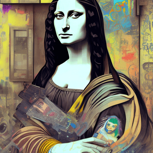 AI generated: Portrait of Mona Lisa, character design, photorealism, detailed hair, punk art, acid punk, cluttered...