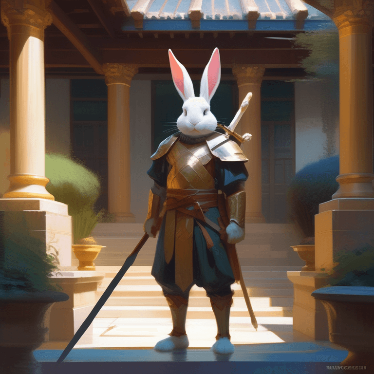 AI generated: a humanized rabbit warrior with a wooden stafff in a courtyard, soft lighting, detailed face, by cra...