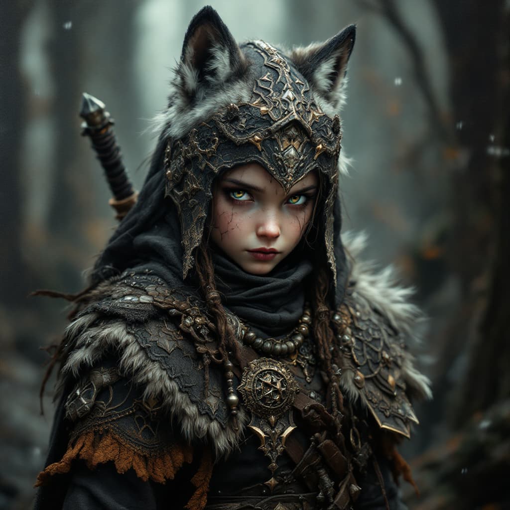 AI generated: detailed full body concept art illustration, dark soft focus, plague style oil painting on canvas of...