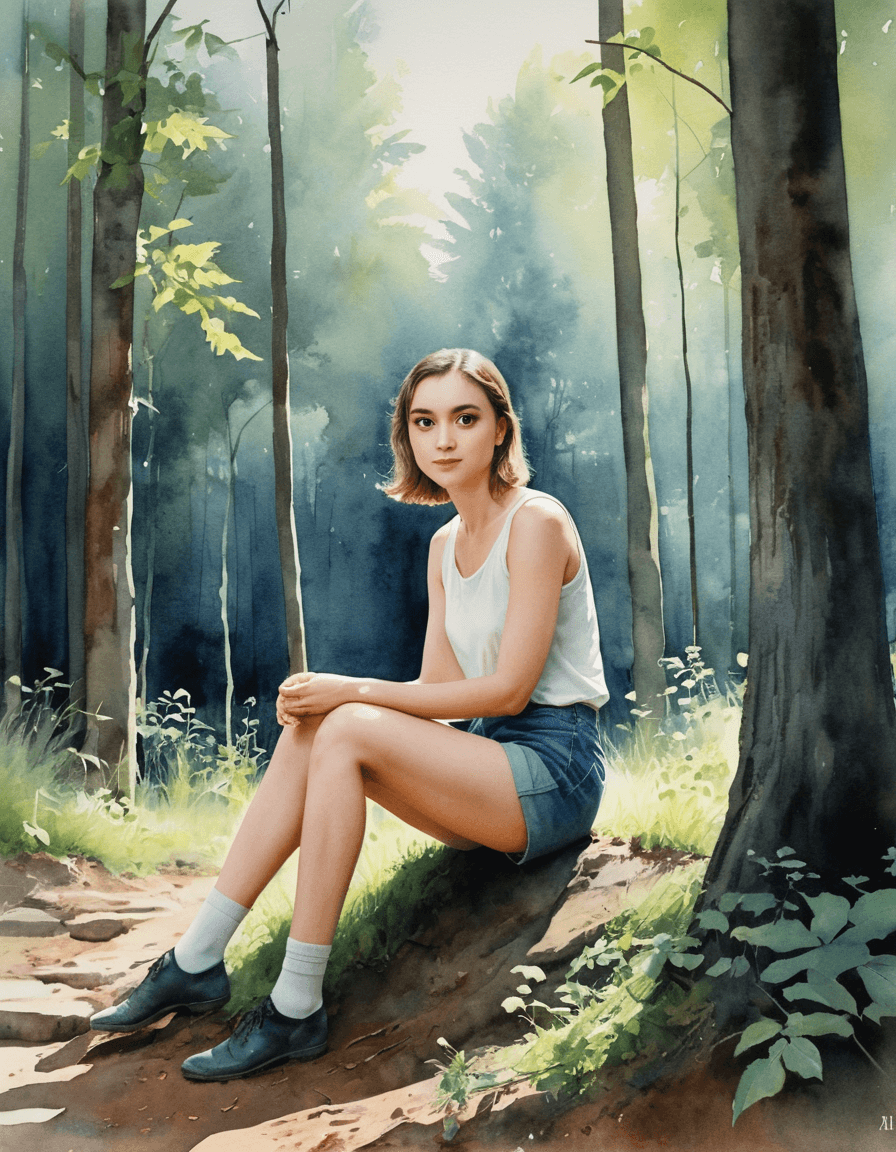 AI generated: Summertime,Serene minimalist watercolor painting. She's sitting peacefully in a wooded area with tig...