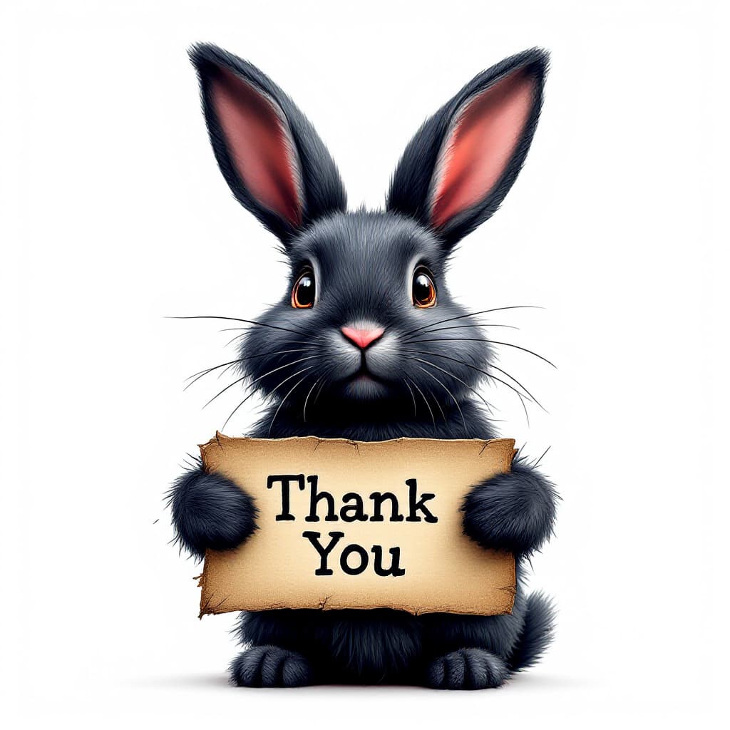 AI generated: highly detailed image of a black rabbit holding a 'Thank You' sign isolated on a white background