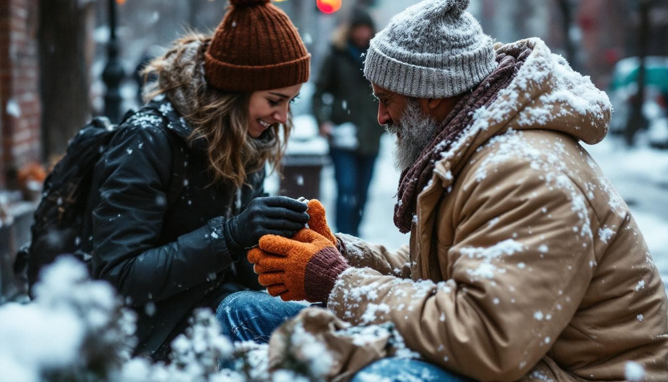 AI generated: A woman helps the homeless man who has a cold in New York
