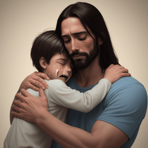 AI generated: Jesus exercising fatherhood over a man, who hugs him crying