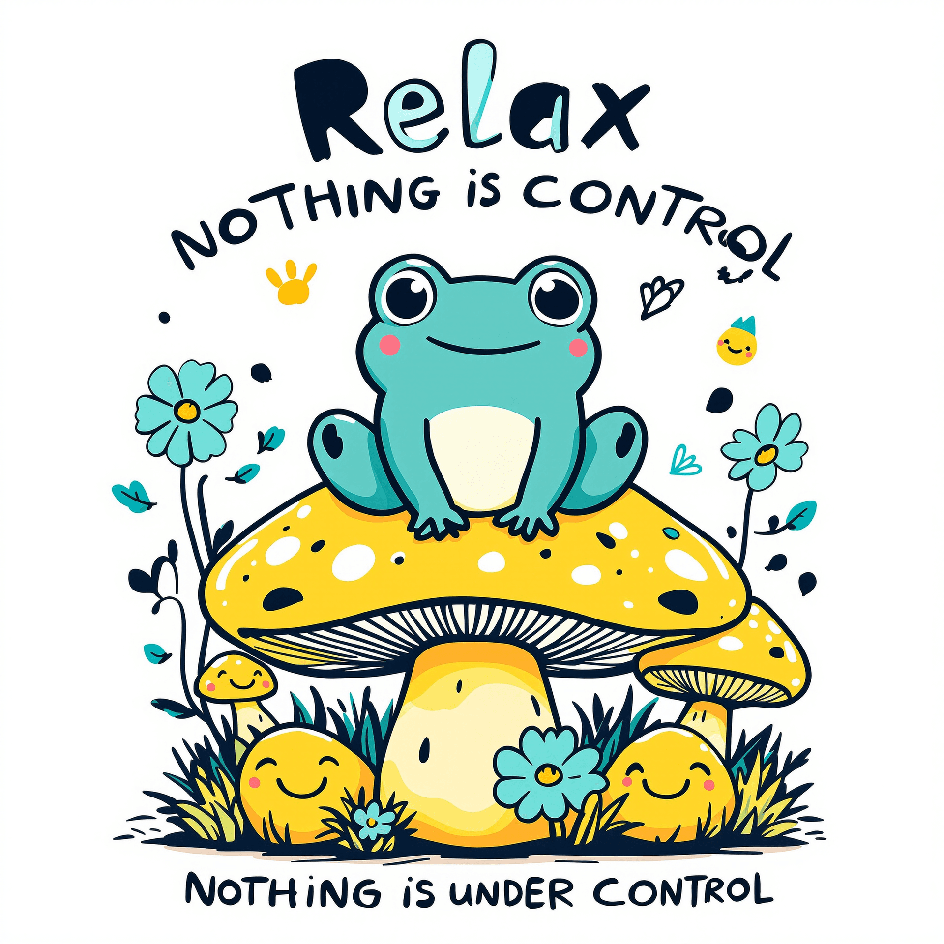 AI generated: 
Cartoon graphic design, vibrant colors, a teal frog sitting atop a large, yellow mushroom, surround...