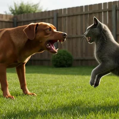 AI generated video: create a  short video for dog and cat fighting 