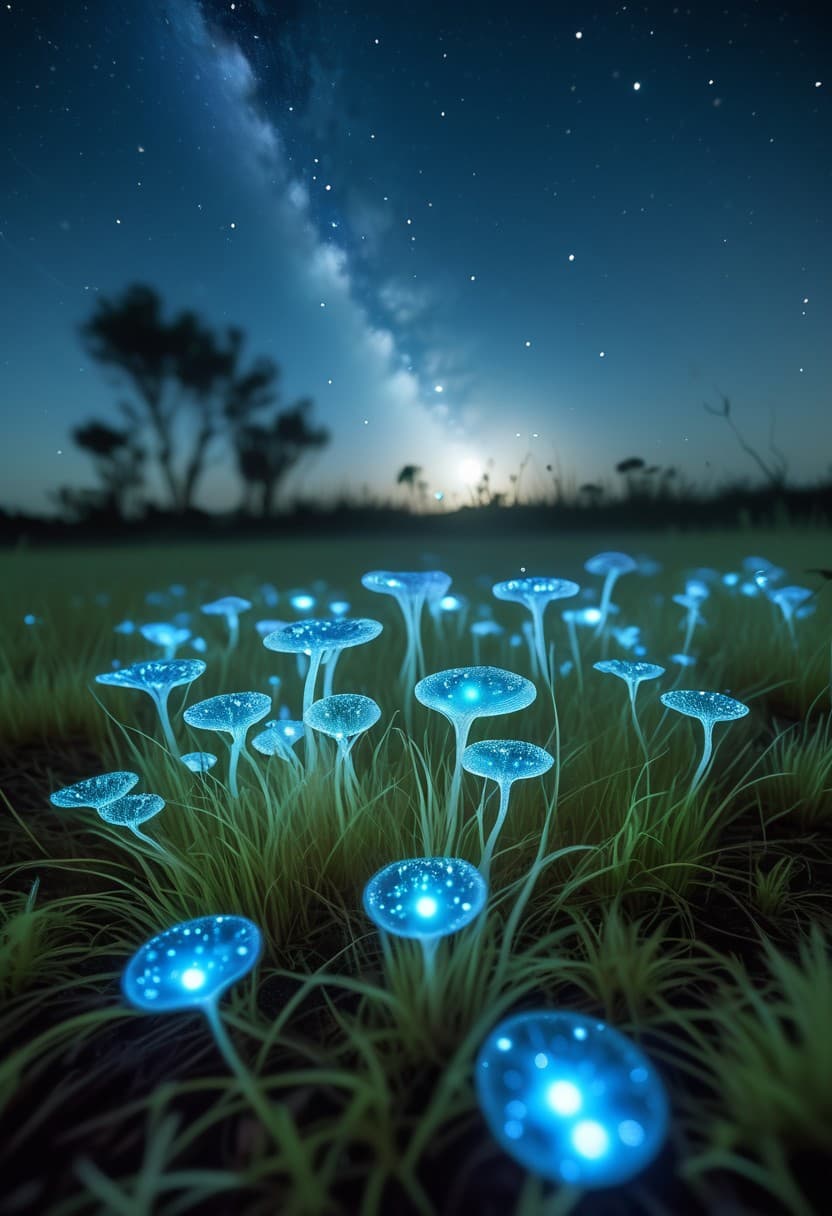 AI generated: A grassy plain under full moonlight, bioluminescent spore-like plants dotting the ground. The Milky ...