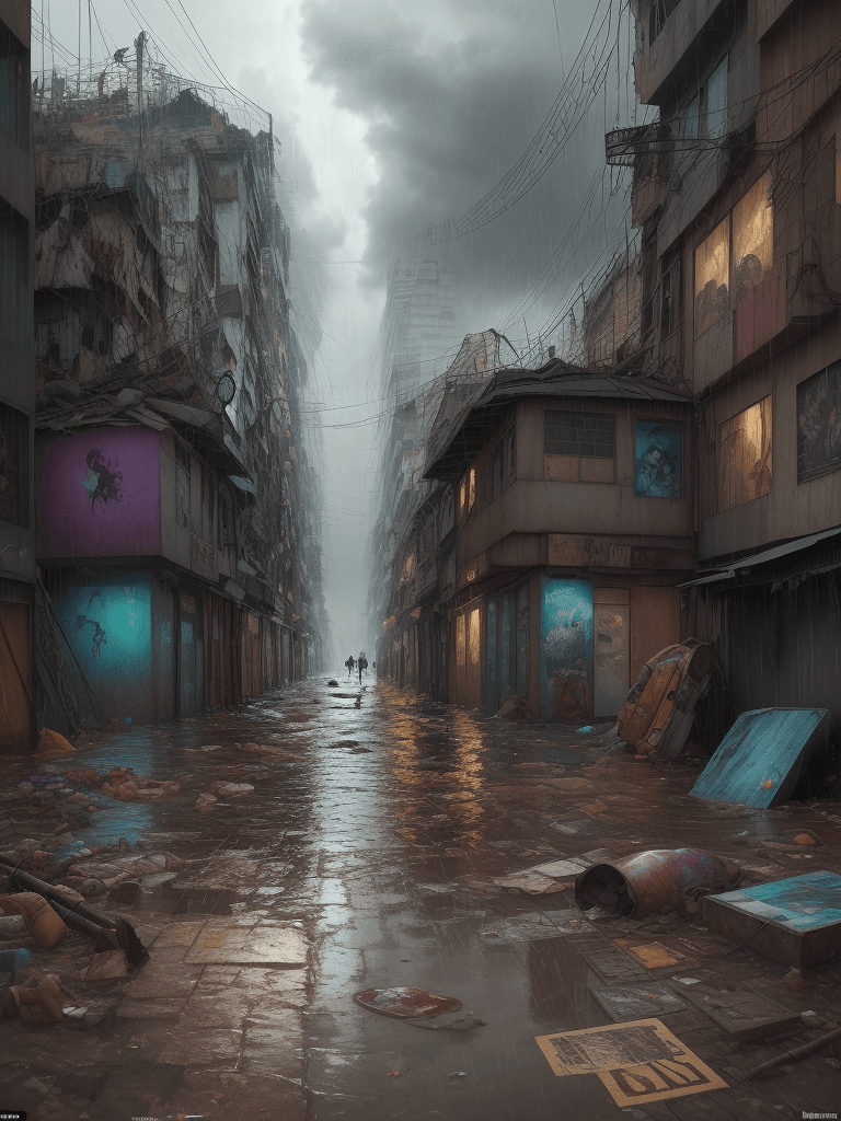 AI generated: A heavy storm and flooding of a slum corner,iconic album covers,
rain,typhon,
litter,intricate detai...