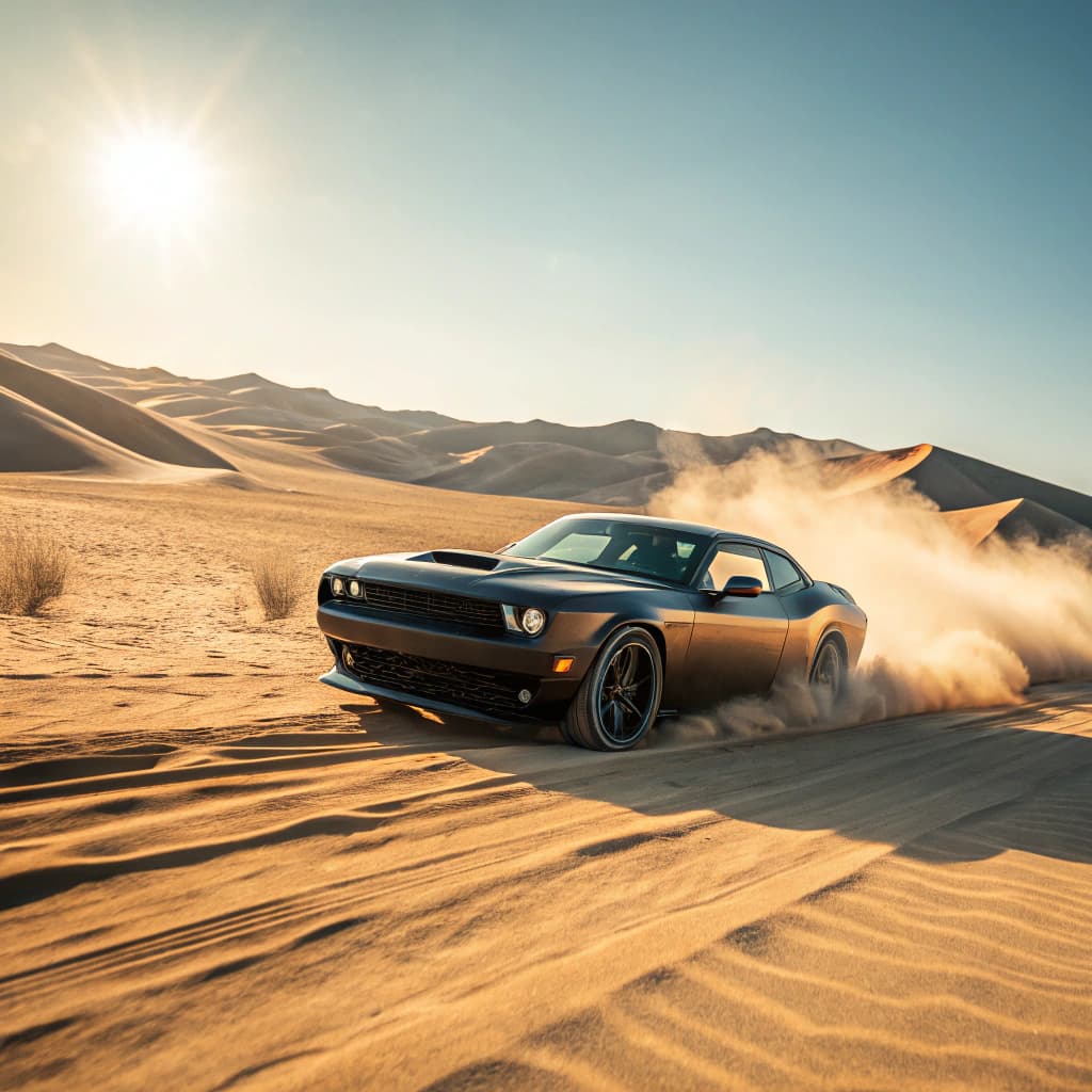 AI generated: dodge challenger racing in a desert at sunny day