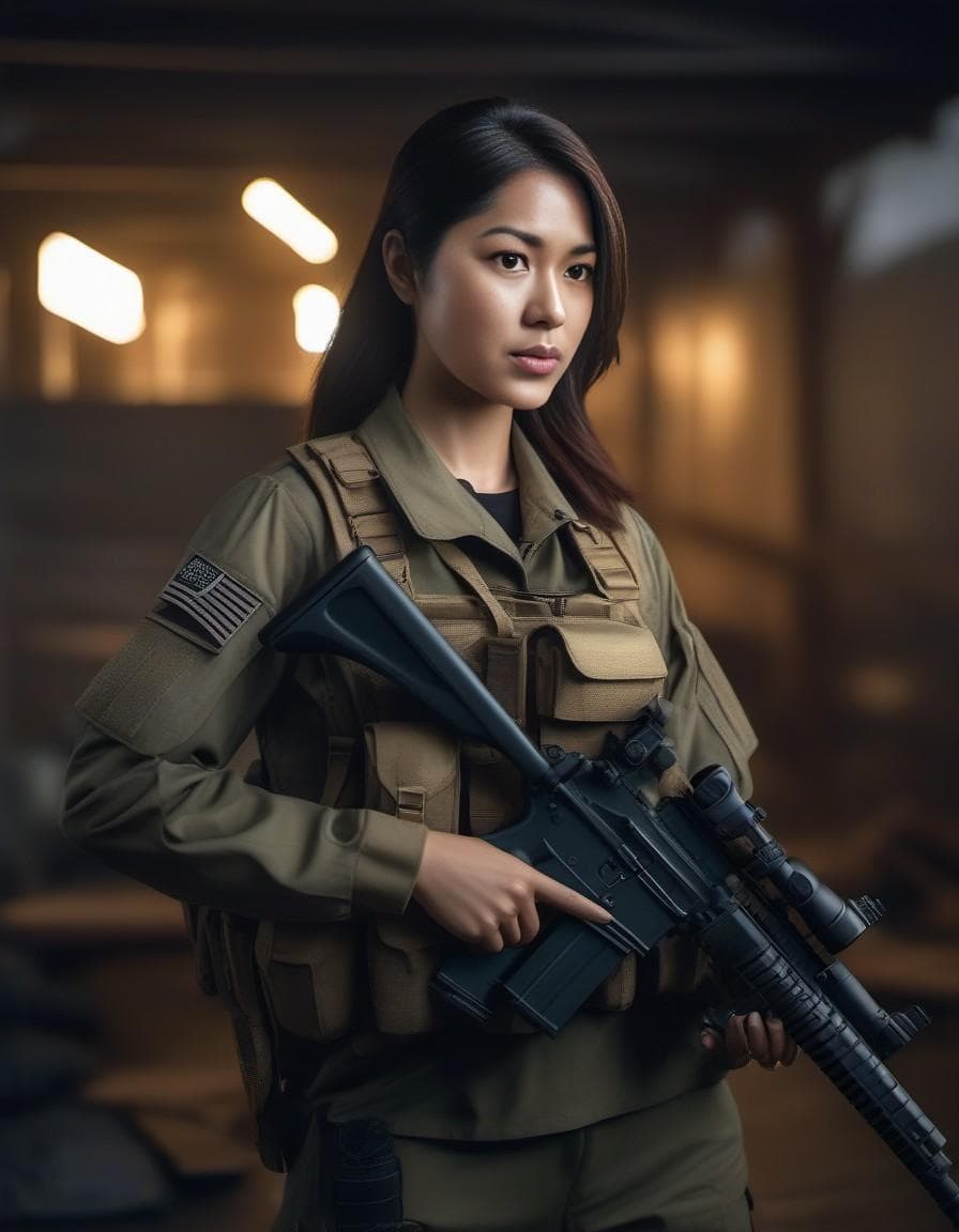 AI generated: A military lady posing for a photo shoot holding a rifle, outdoor, PMC of Call of Duty, Escape from ...