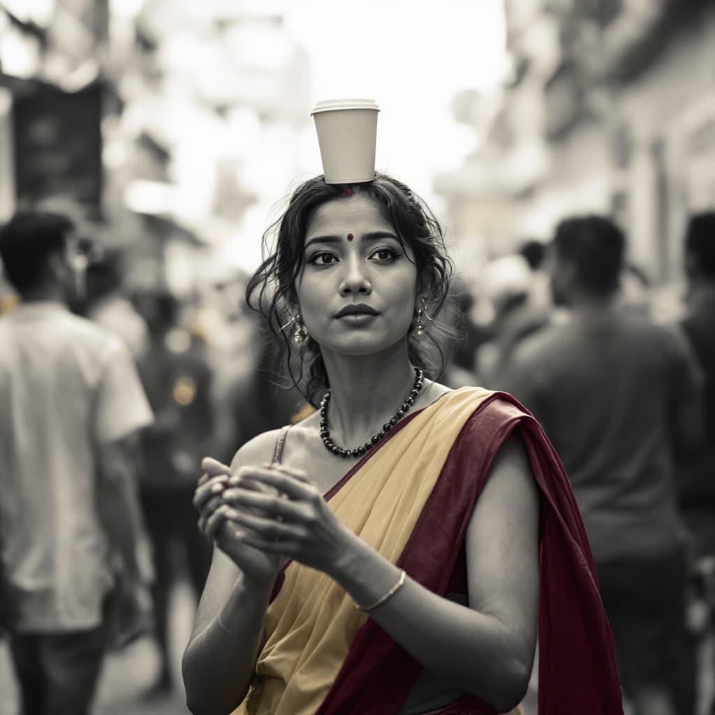 AI generated: A ladyboy dancing around. A cup is stuck to her forehead.