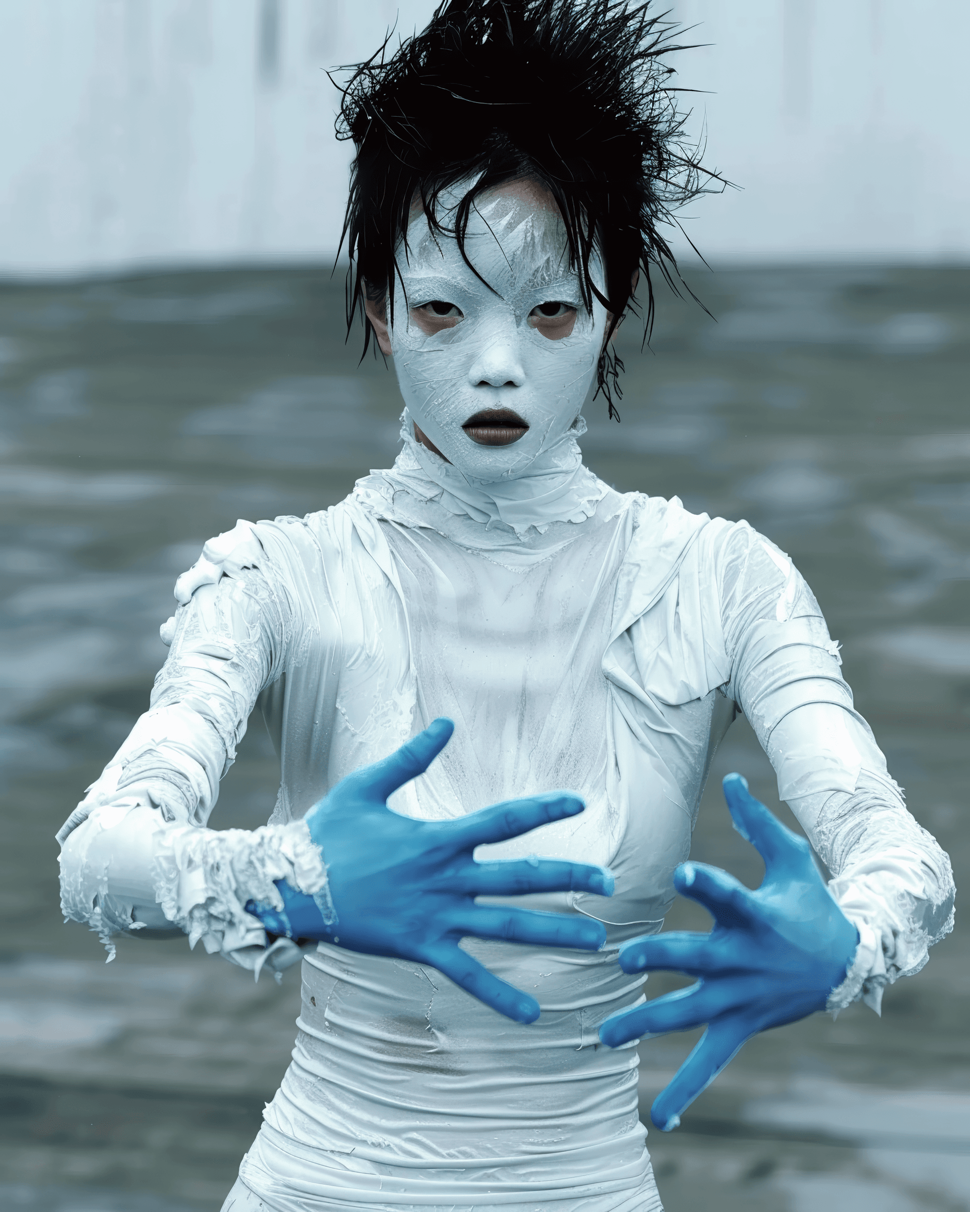 AI generated: A portrait of an attractive woman with white paint on her face and neck, blue hands made from ice co...