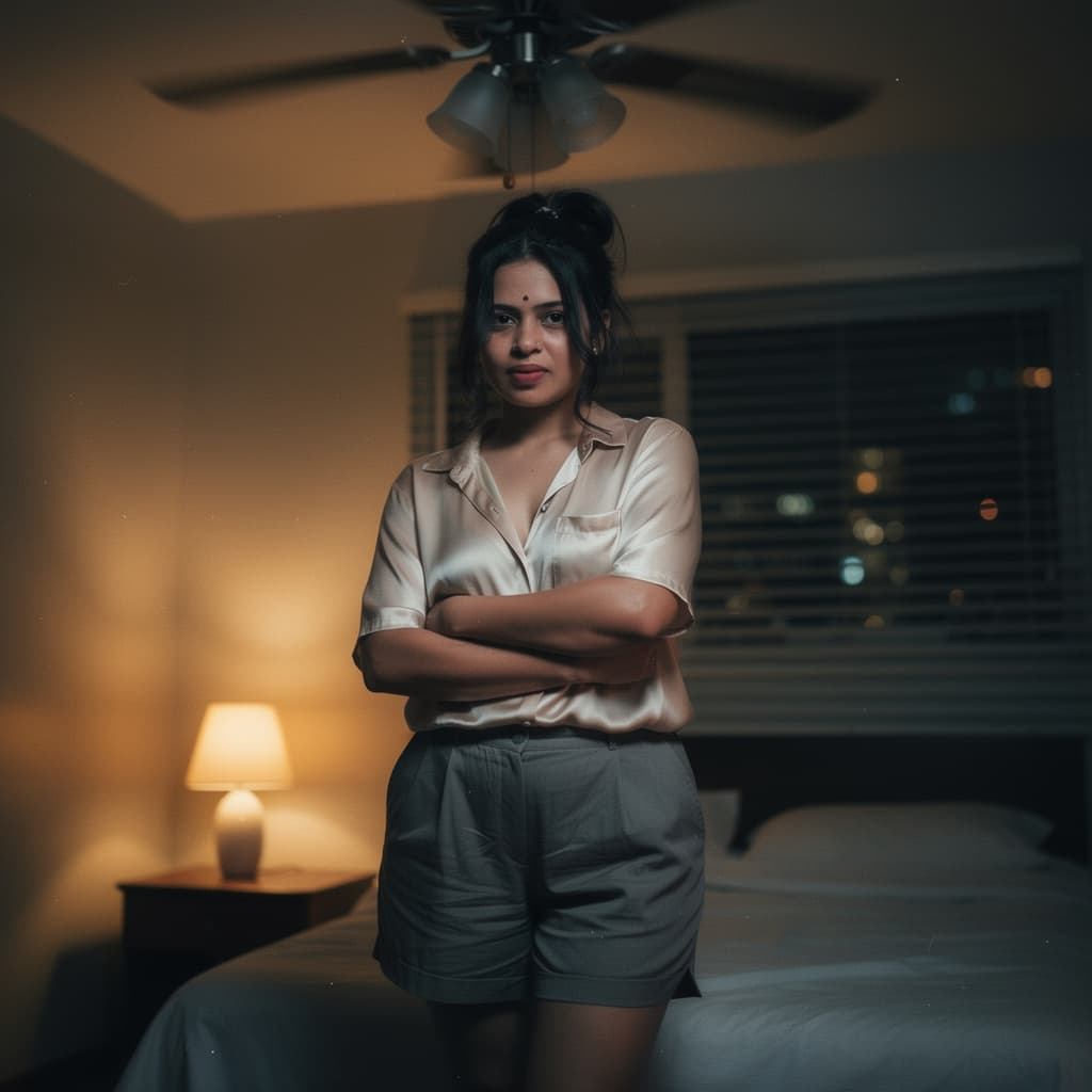 AI generated: A candid documentary style image captures a woman standing beneath a slow ceiling fan, heat hanging ...