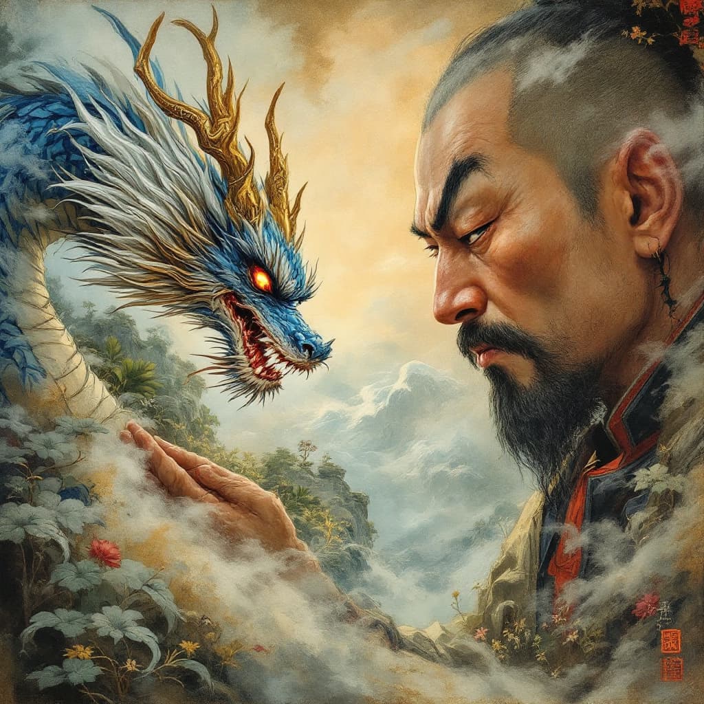 AI generated: Chinese man, Chinese man and iris blue dragon, Chinese dragon pan glaring angrily at Chinese man