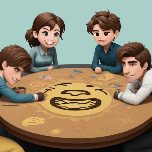 AI generated: dibuja 6 comensales (los comensales estan representados por emojis felices y tristes) en una mesa re...