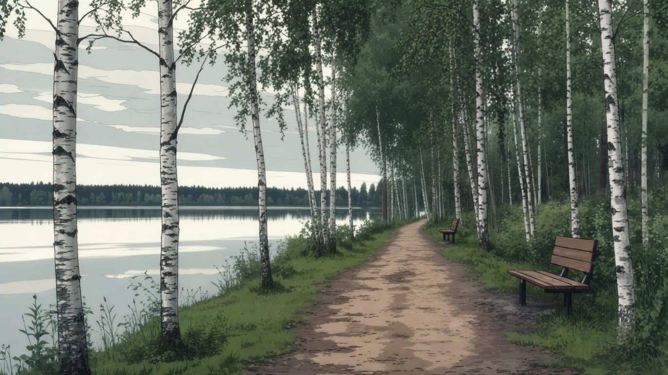 AI generated: Anime-style static desktop wallpaper of a peaceful lakeside walking path in rural Finland. Tall birc...