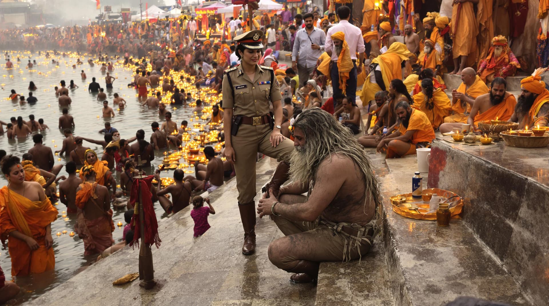 AI generated: The bustling and sacred ghats of the Kumbh Mela are alive with thousands of devotees and sadhus perf...