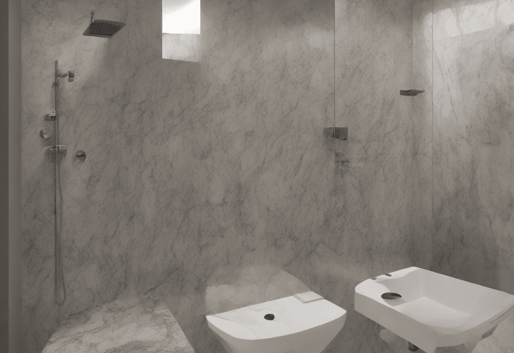 AI generated: un area con una perjola echa de materiales petreos, con una pared tipo cortina con un area de un bañ...