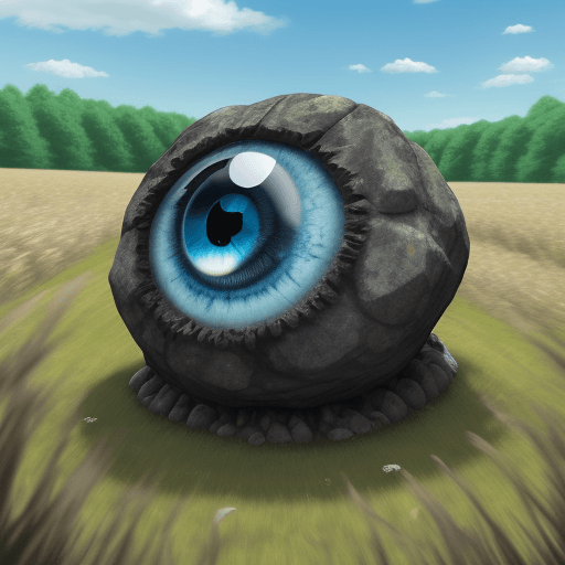 AI generated: living rock monster. one blue eye. rock like lags. runing in a field of grass.