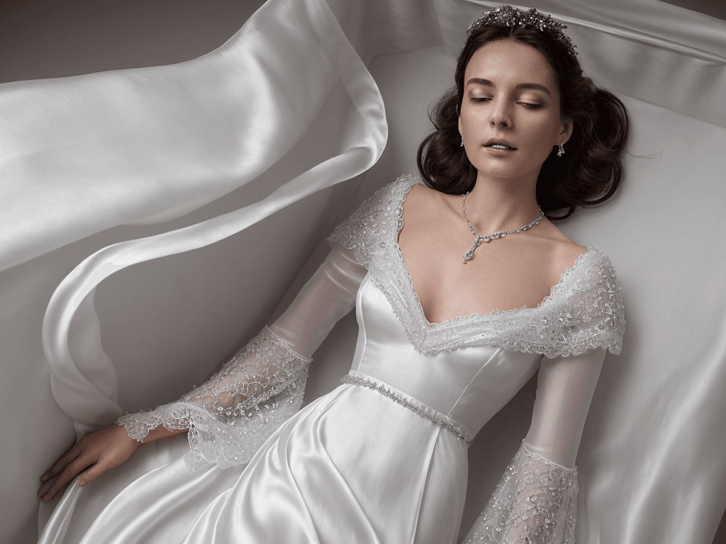 AI generated: The woman in the coffin is dressed in a flowing white gown with a high neckline and short, puffed sl...