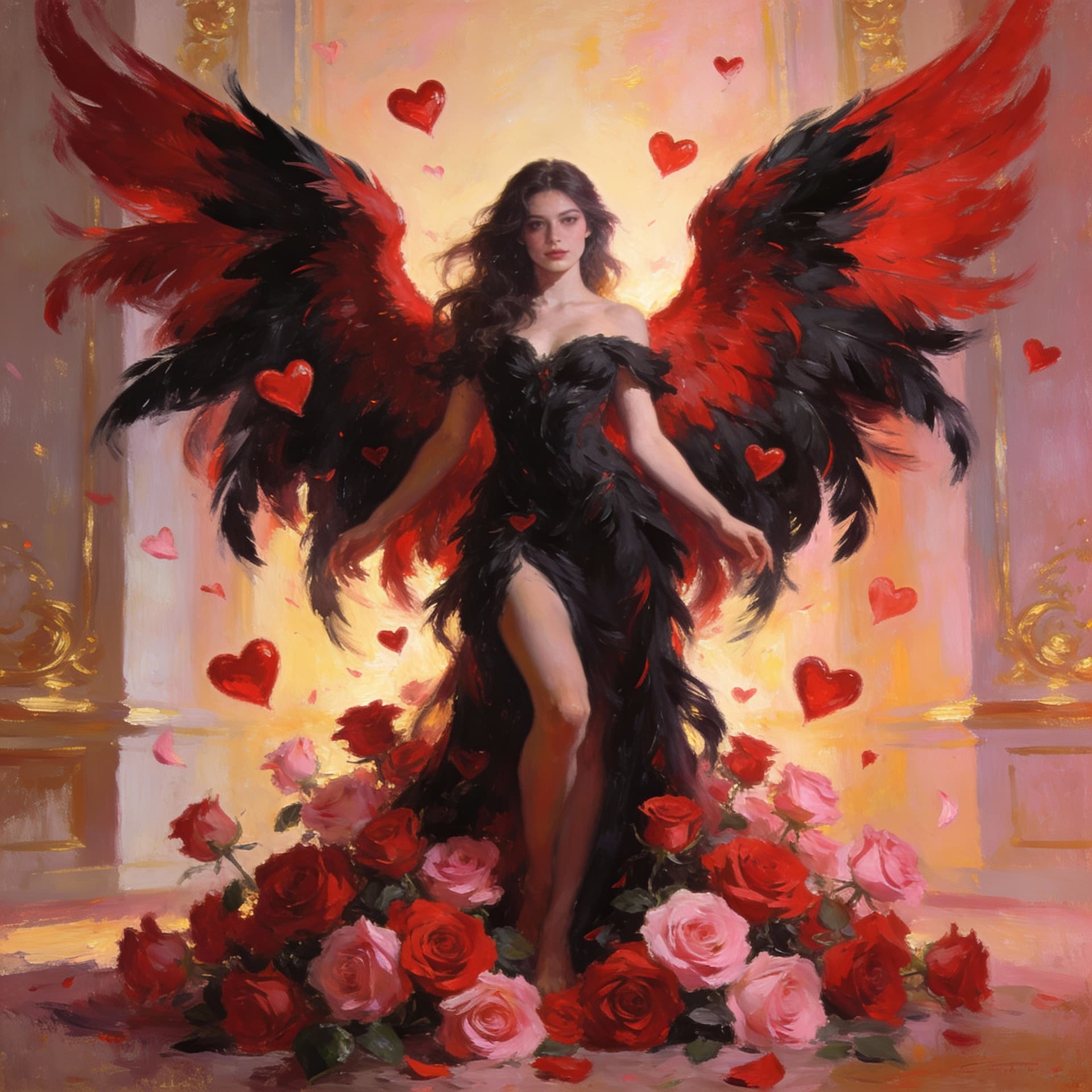 AI generated: A stunning, beautiful woman, a romantic goddess figure, with large, dramatic red and black feathered...