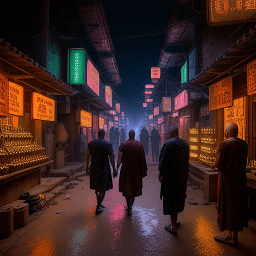 AI generated: people visit old monk in cyberpunk buddhist village from far away, flashing neon signs and weapons s...