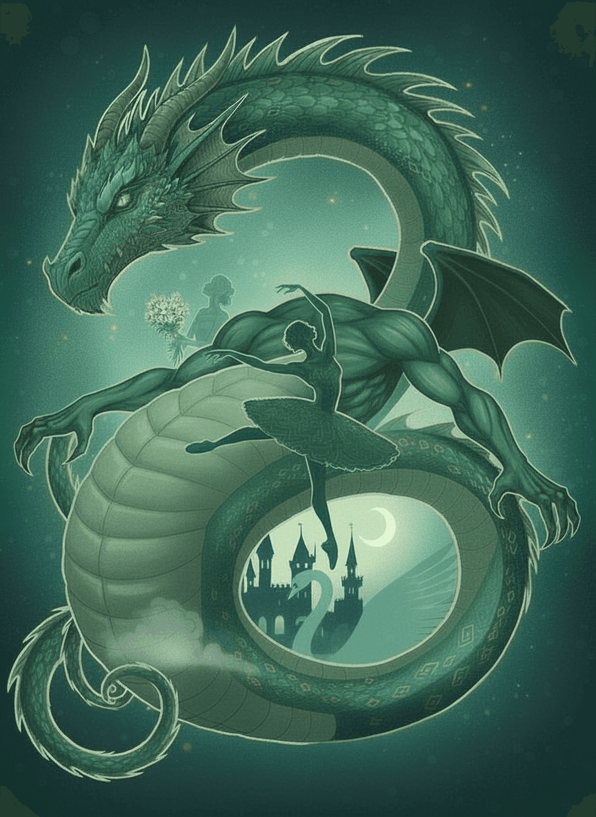 AI generated: save all of the image- style, ballerinas, castle, swan, moon, colors and everything, dragon tail i o...