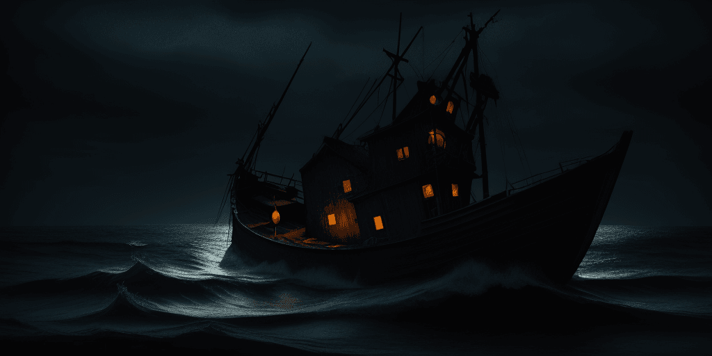 AI generated: old fishing boat on a creepy eldritch sea, night time