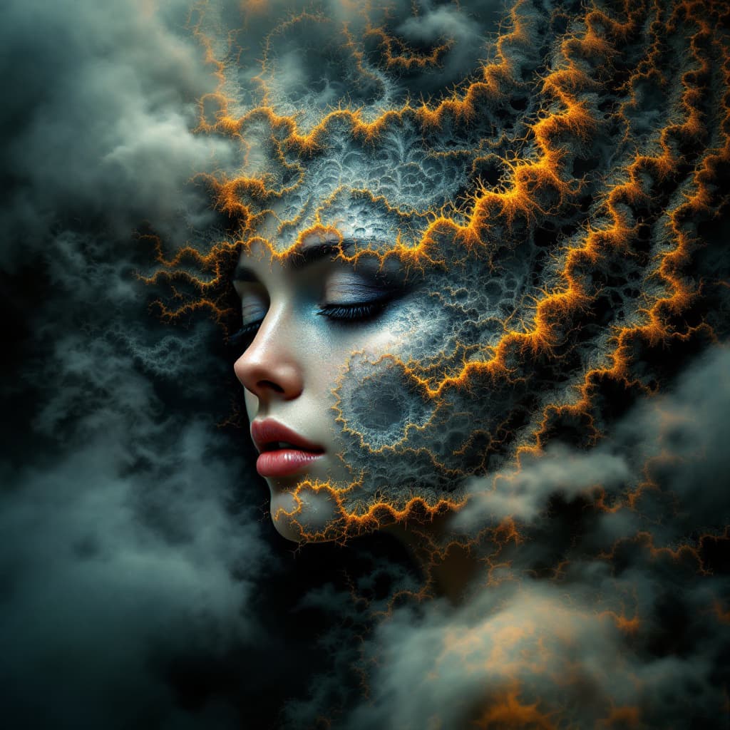 AI generated: A fractal image of a woman's face with  psychedelic fractals with face emerging out of a foggy backg...