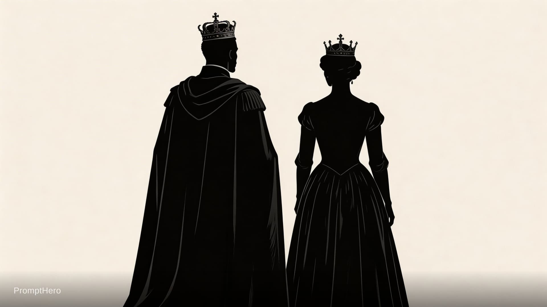 AI generated: Make a shadow figure silhouette of a black man and a woman from the rear in royal madagascar clothes...