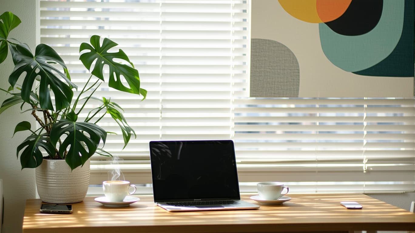 AI generated: A minimalist modern workspace, wooden desk with natural grain texture, silver Macbook Pro open on de...