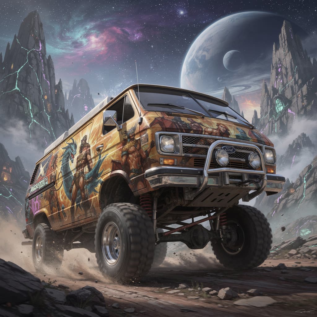 AI generated: a totally sick lifted 4-wheel drive overlanding van blasting through the mountains. Awesome Frank Fr...