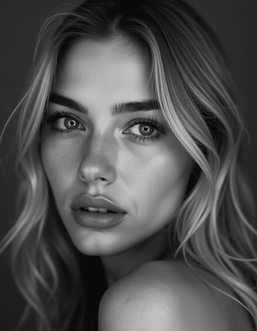 AI generated: b&w, instagram photo, portrait photo of 26 y.o blonde woman, perfect detailed eyes, natural skin, ha...