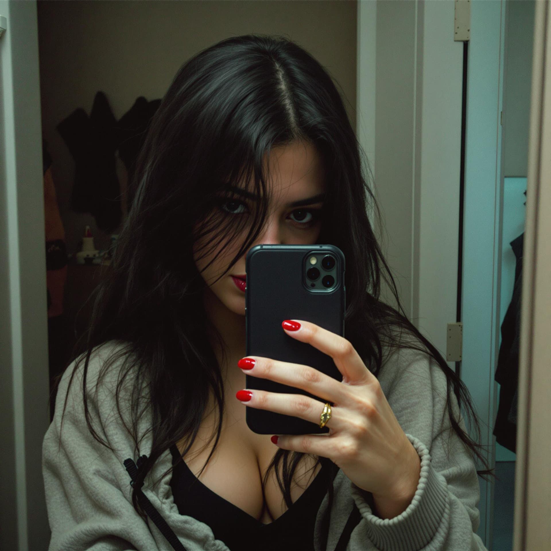 AI generated: low quality phone photo, , a girl realistic, atracttive, alone, indoor, selfie mirror photo, darker ...