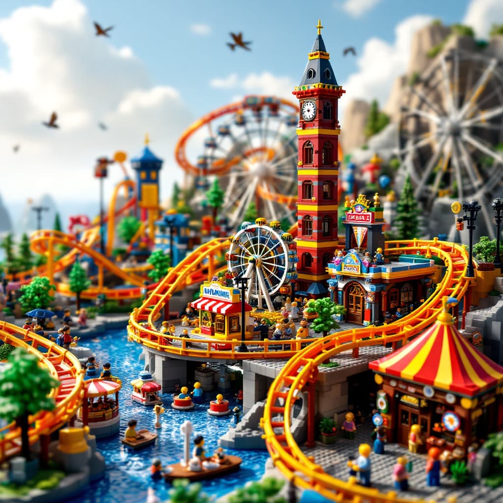 AI generated: A LEGO amusement park with roller coasters, ferris wheel, and arcade
