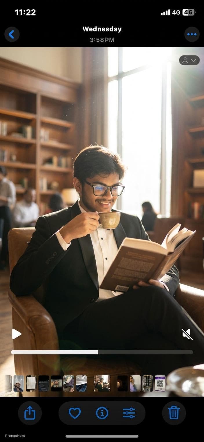 AI generated: Generate a photo of a business man sitting on a chair reading a book in his hand and drinking coffee...