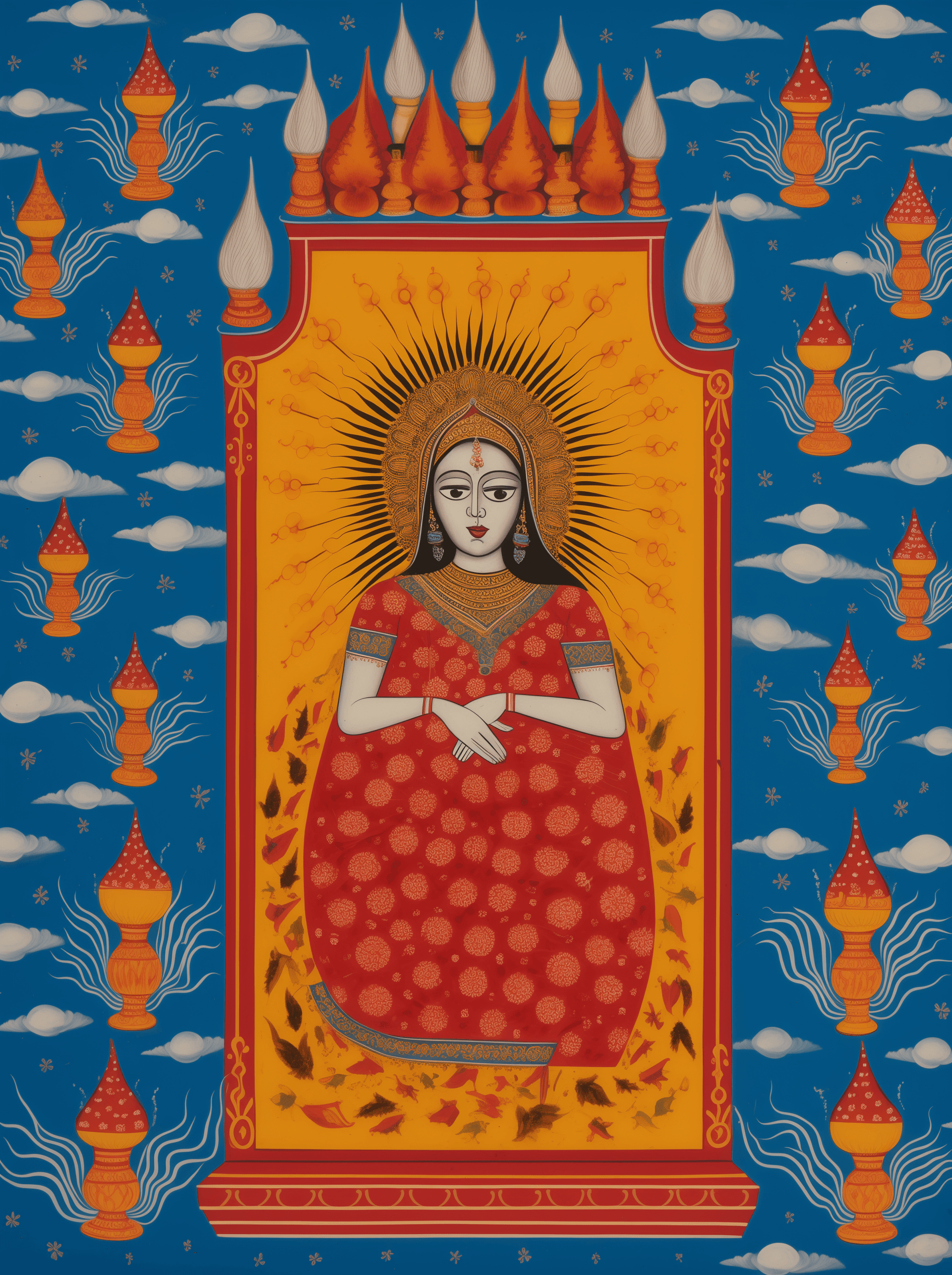 AI generated: Indian miniature painting of a sleeping queen lying in her coffin with red flames around, on a yello...