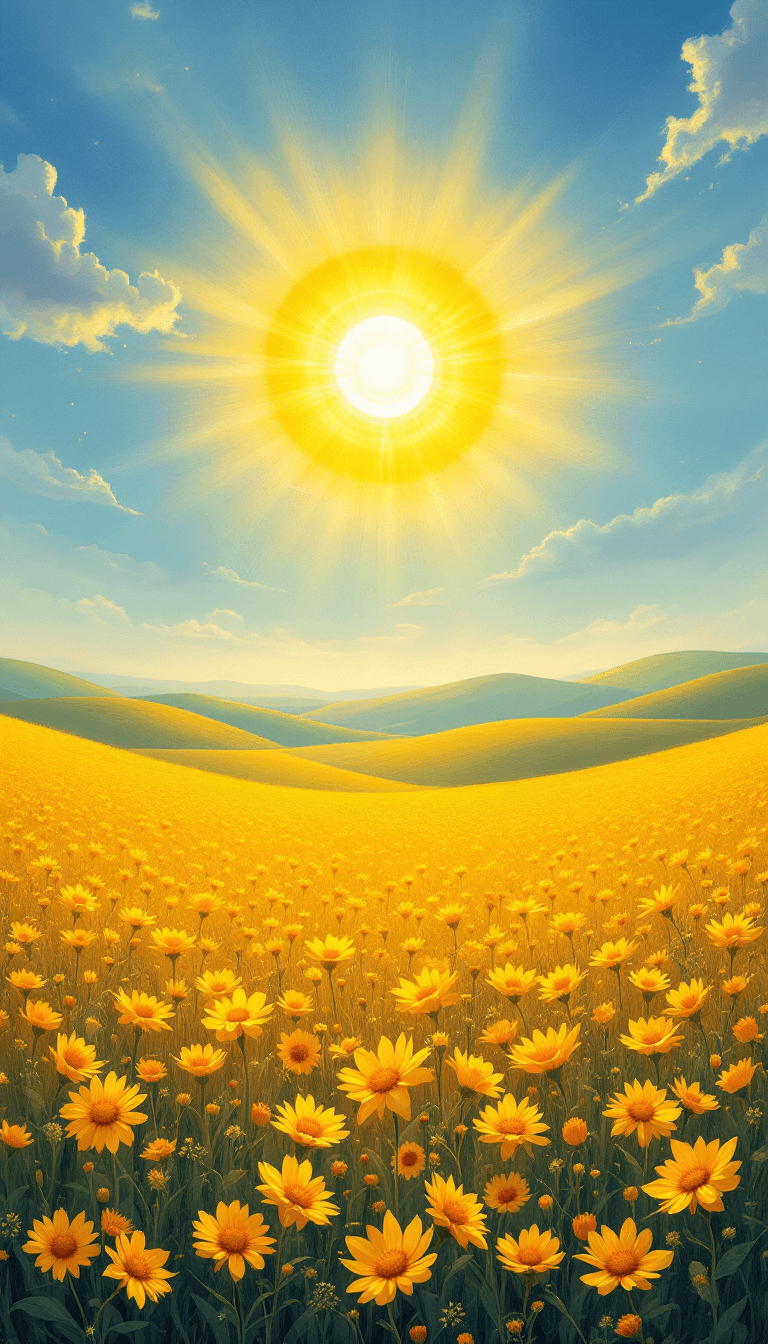AI generated: A luminous golden sun illuminating a vast field of yellow wildflowers, soft hills rolling into the d...