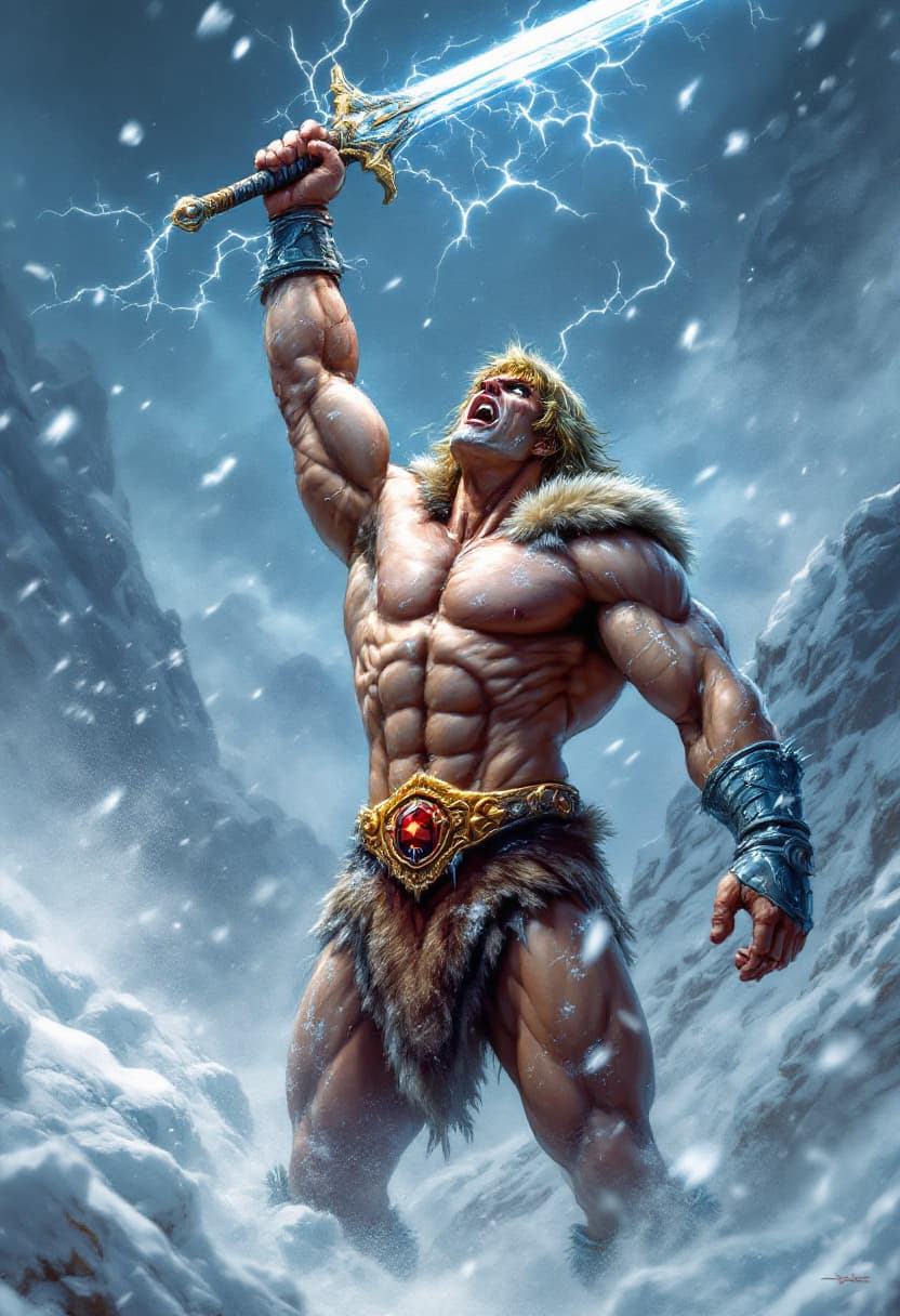 AI generated: : (Ultra-detailed, Boris Vallejo, hyper-realistic, cinematic, sharp focus:1.5), He-Man, the iconic h...