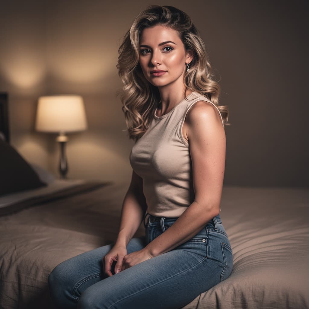 AI generated: A fit adult woman with soft, natural skin tones sits on a bed in a dimly lit room. Her blonde with d...