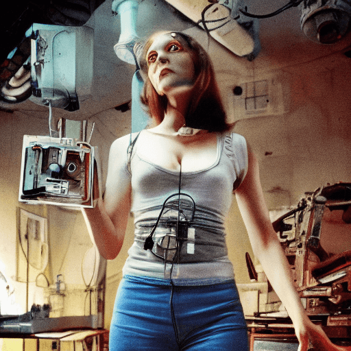 AI generated: Full-body photograph of a (beautiful:1.2) (female:1.2) cyborg, suspended in a worn-out, (cassette-fu...