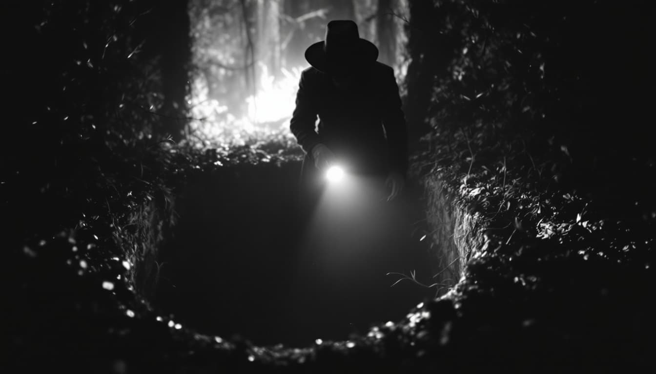 AI generated:  high definition black n white - camera shot from front- a man wearing black coat and hat sneaking w...