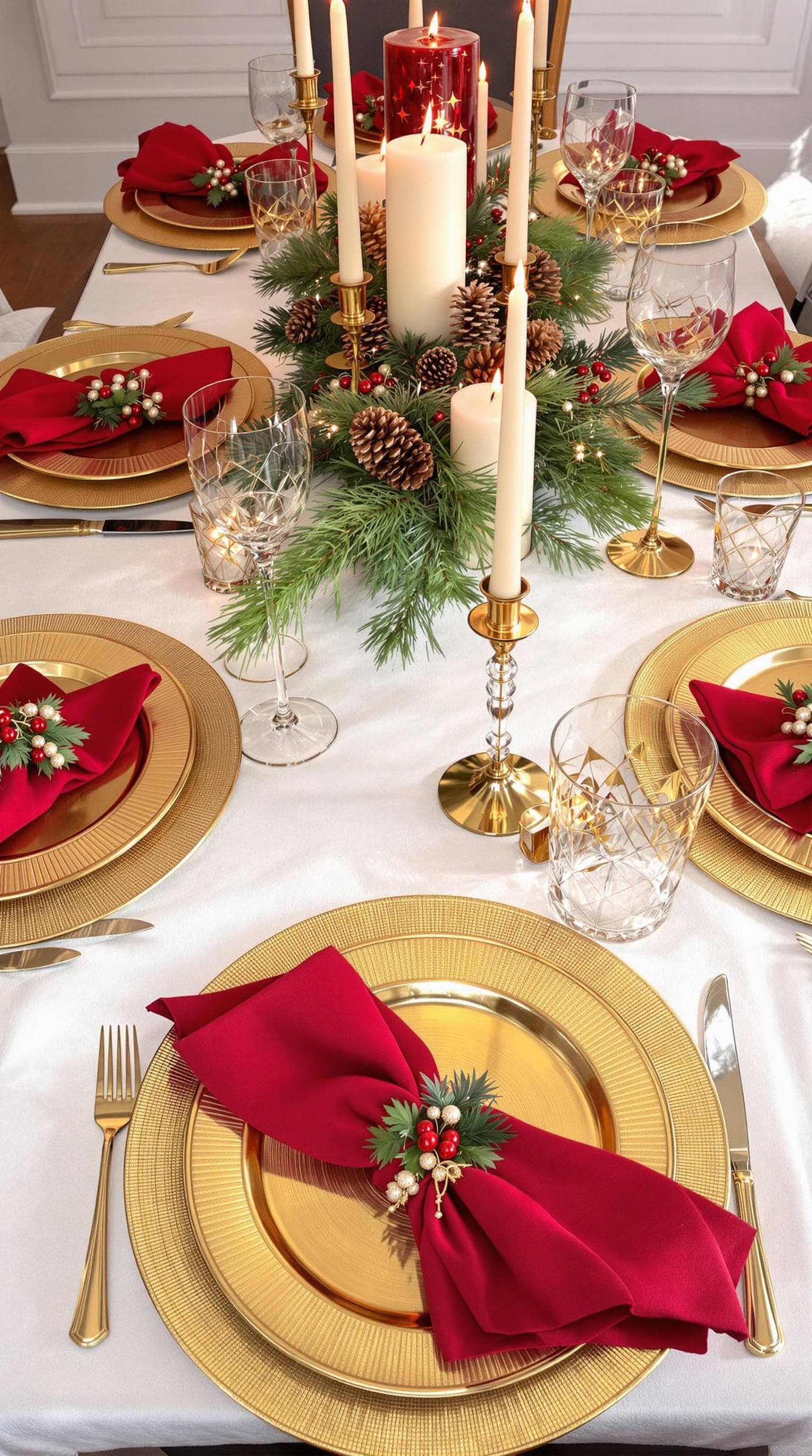 AI generated: Elegant Christmas table setup with golden plates, red napkins, and a centerpiece of pine cones and c...