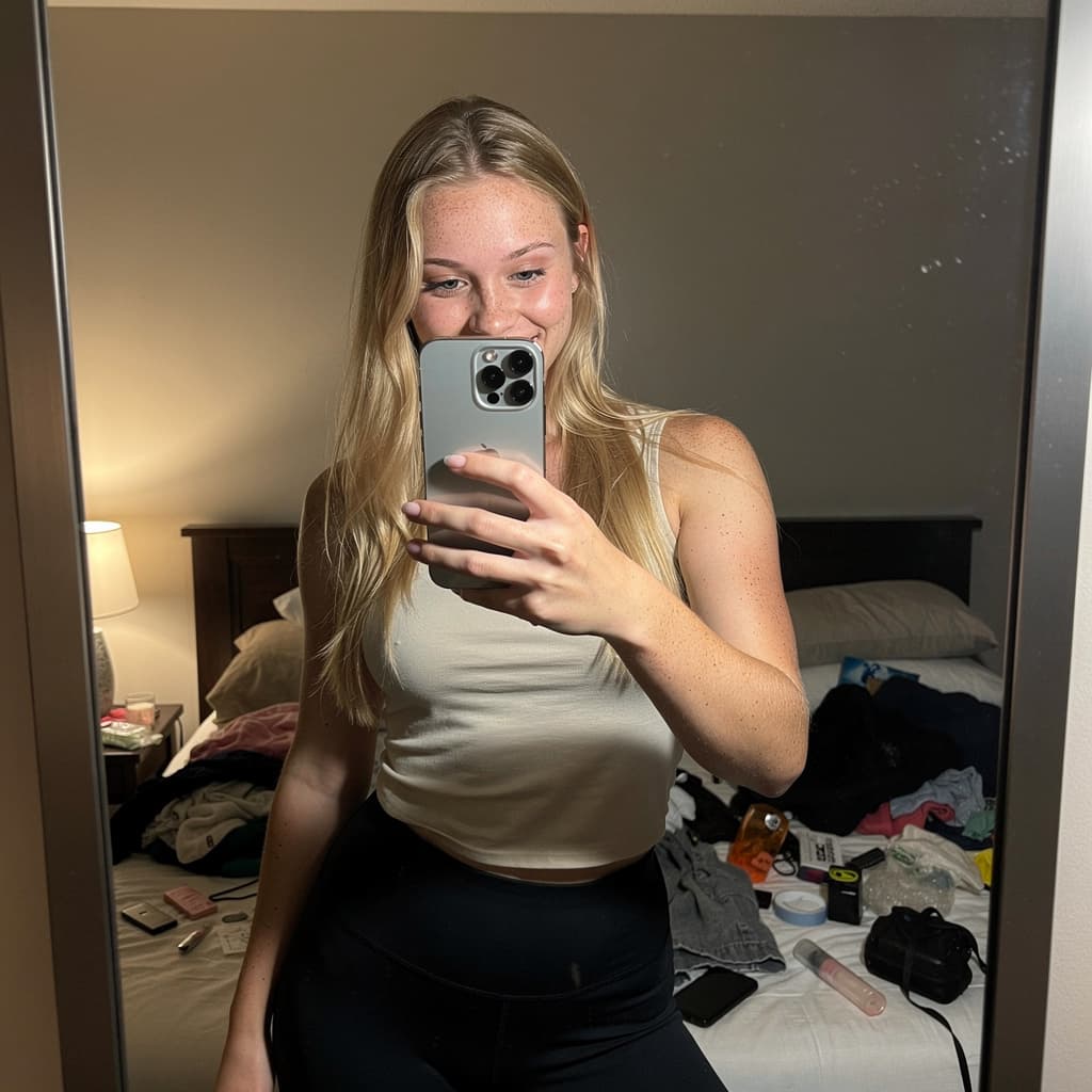 AI generated: Ultra realistic,mirror self shot picture,iPhone 13 Pro,slight camera flash,high quality image,sugges...