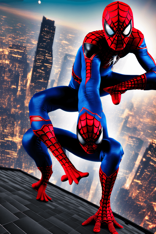 AI generated: Hyper realistic photo, ninja spiderman, superhero, black and red supersuit mixed with robes, crouchi...