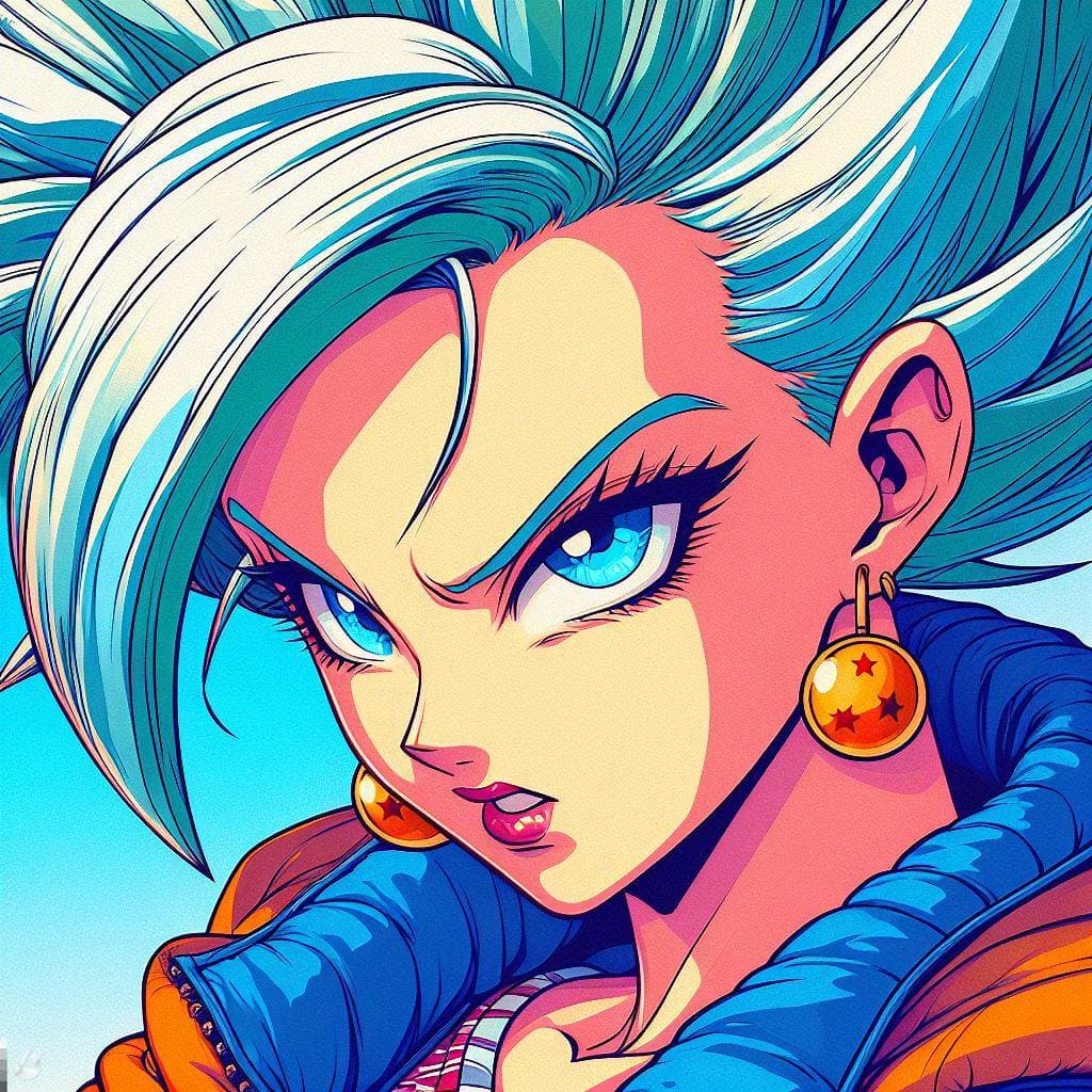 AI generated: A stylized illustration of Bulma from Dragon Ball, inspired by the art of Akira Toriyama, with vibra...