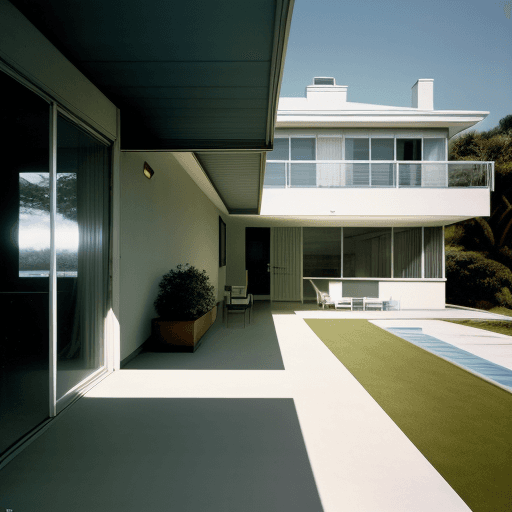 AI generated: Hyper realistic eye level exterior photo of a mid century modern style house overlooking the ocean, ...