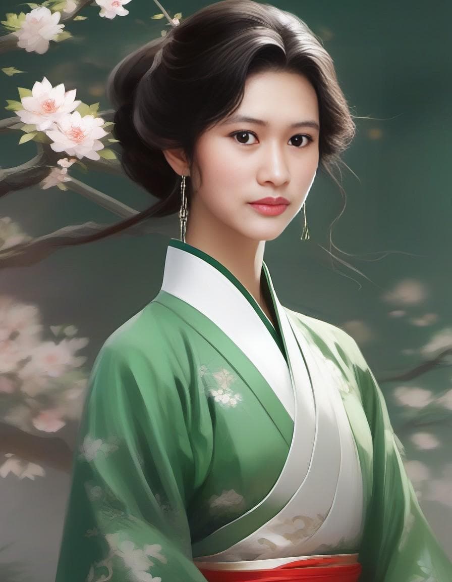 AI generated: art print, woman, chinese, in the style of charming anime characters, serene mood, xu beihong, jon j...