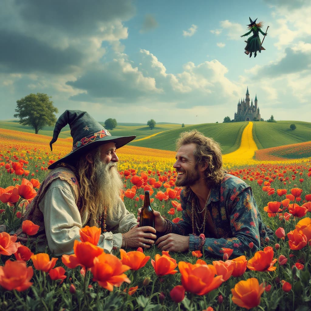 AI generated: a totally wasted  hippie with a dopey grin partly closed eyes is  in a field of poppies laying prone...